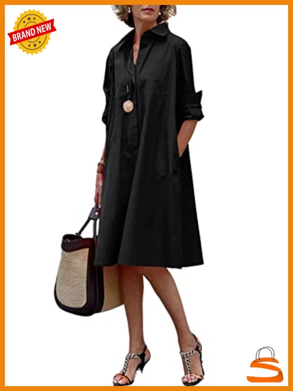Women's Midi Shirt Dress Button-Down Loose A-Line Tunic Cotton Blend